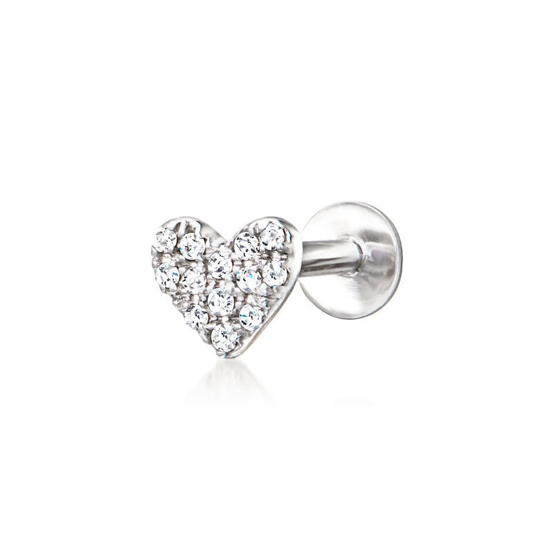 Sterling silver heart stud earring with diamond accents and flat back