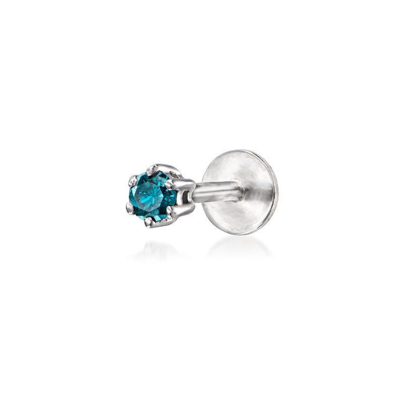 Single blue diamond stud earring with sterling silver flat-back post