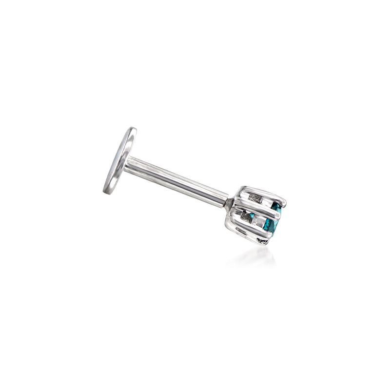 Blue diamond stud earring side view with sterling silver flat-back
