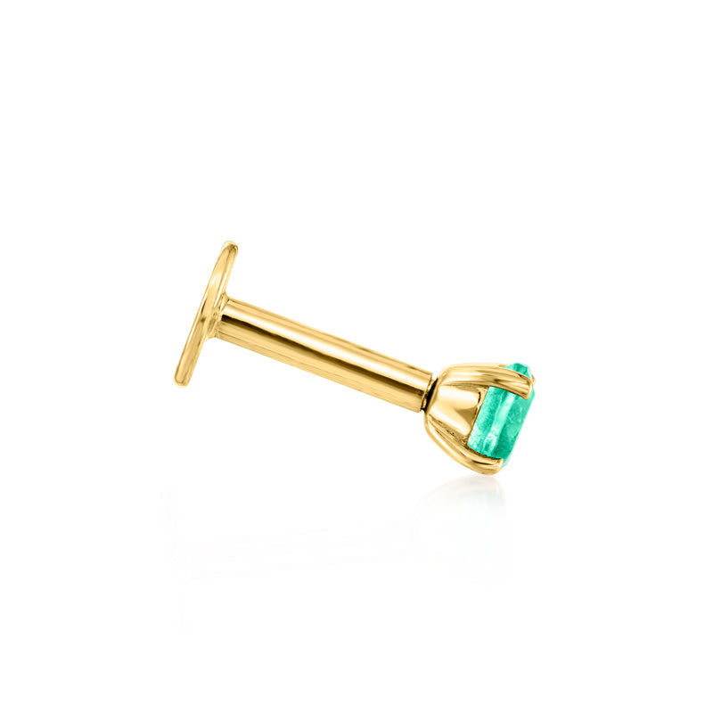 14kt yellow gold flat-back stud earring with green gemstone, side view