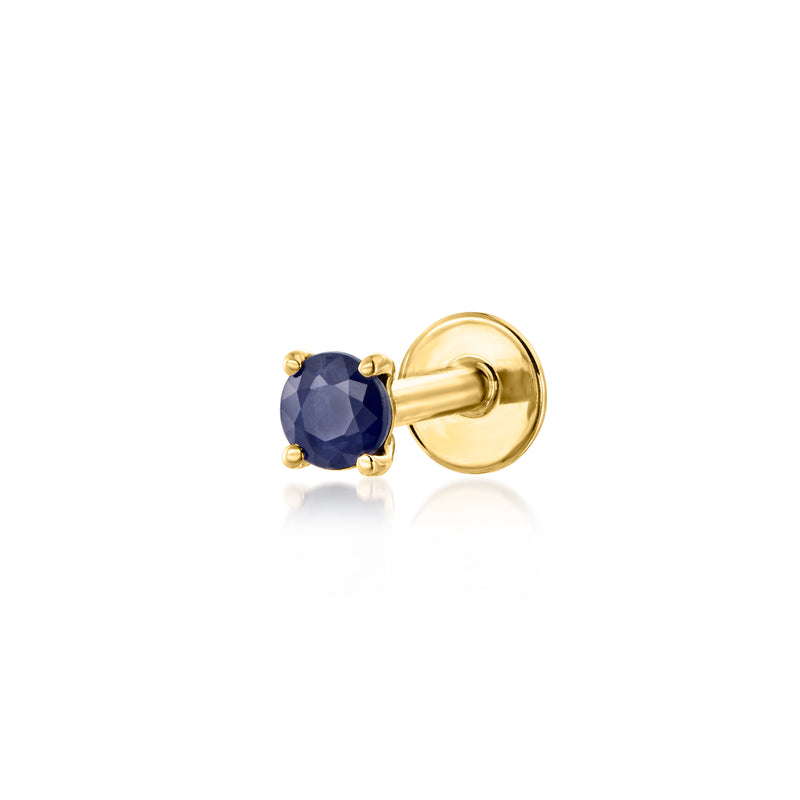 14kt yellow gold sapphire stud earring with dark blue round gemstone