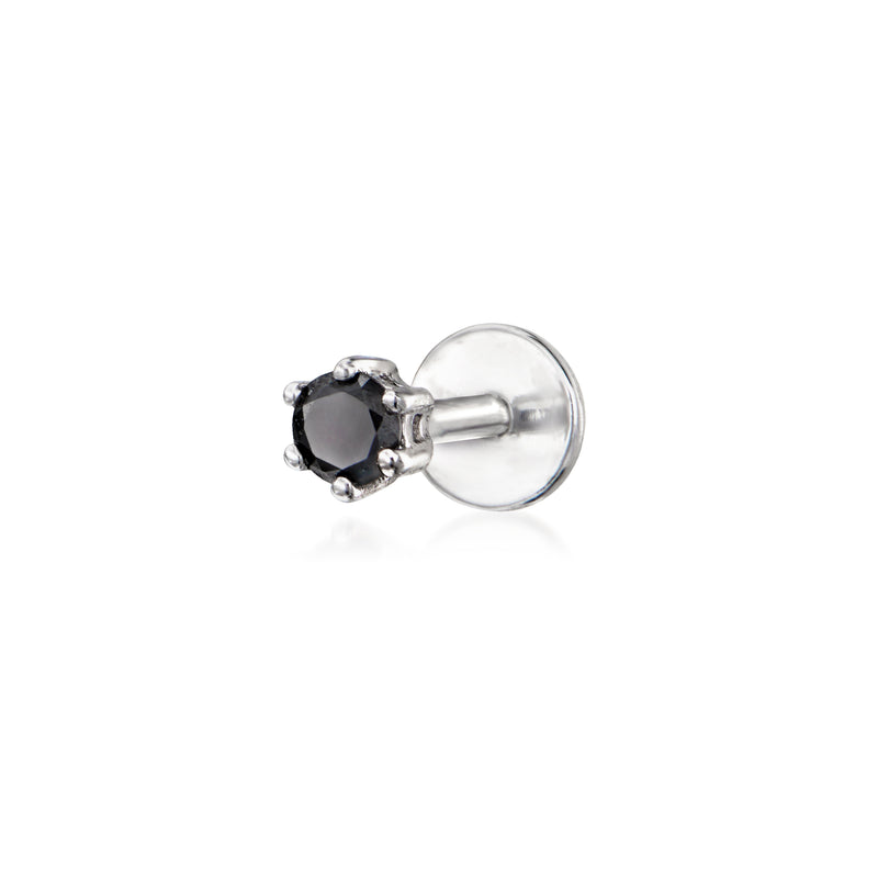Sterling silver stud earring with round black stone and flat-back disc