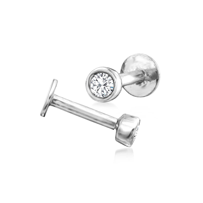 Sterling silver diamond stud earrings showing round bezel face and flat-back post