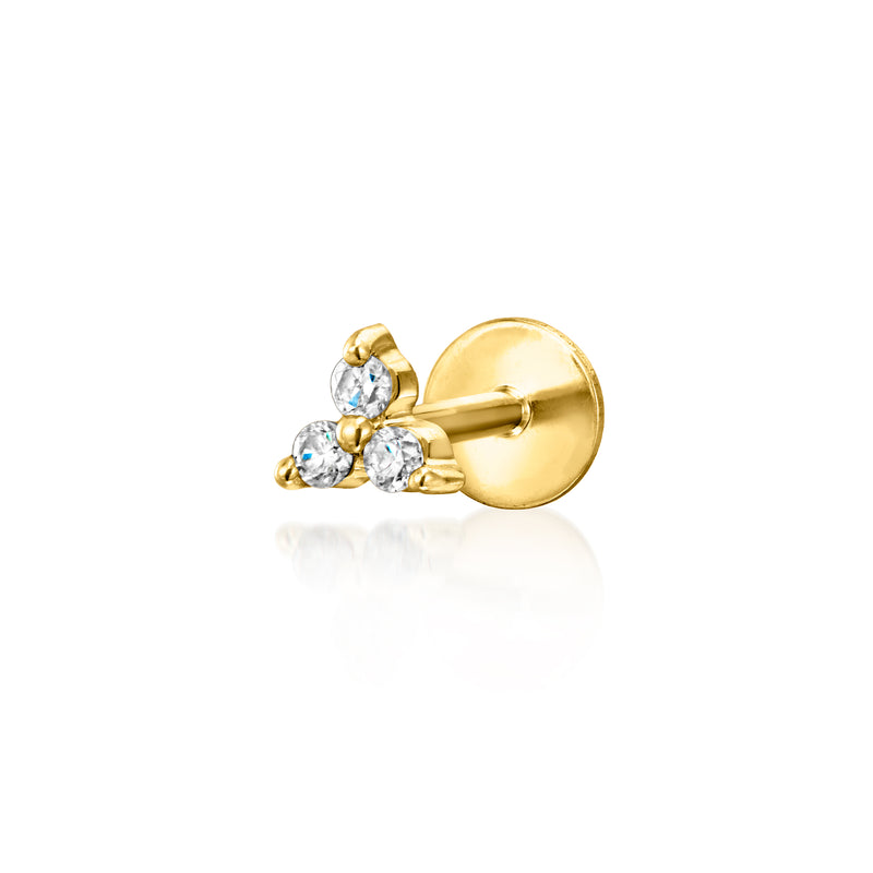 Three-stone diamond stud earring, 14kt yellow gold flat-back