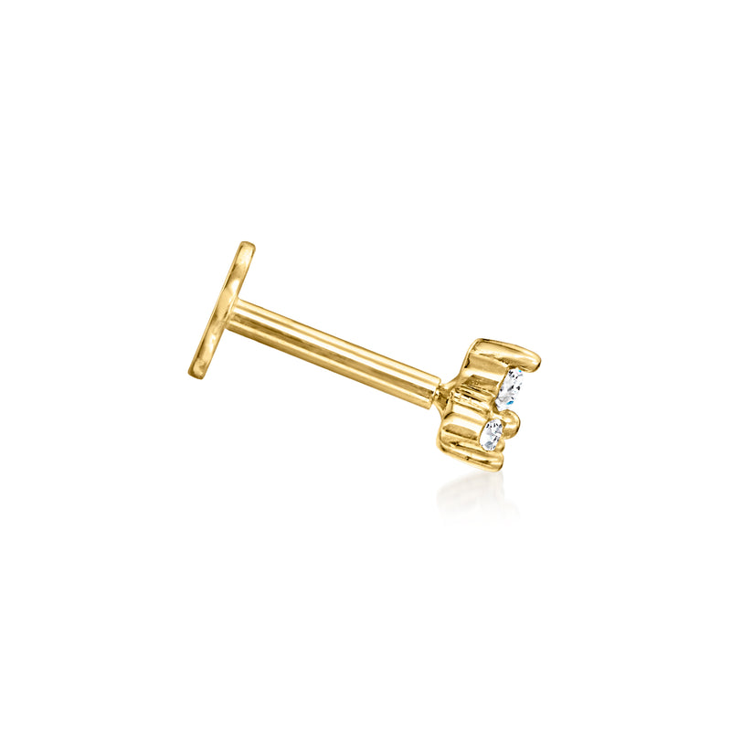 14kt yellow gold flat-back stud earring with three diamonds, side view