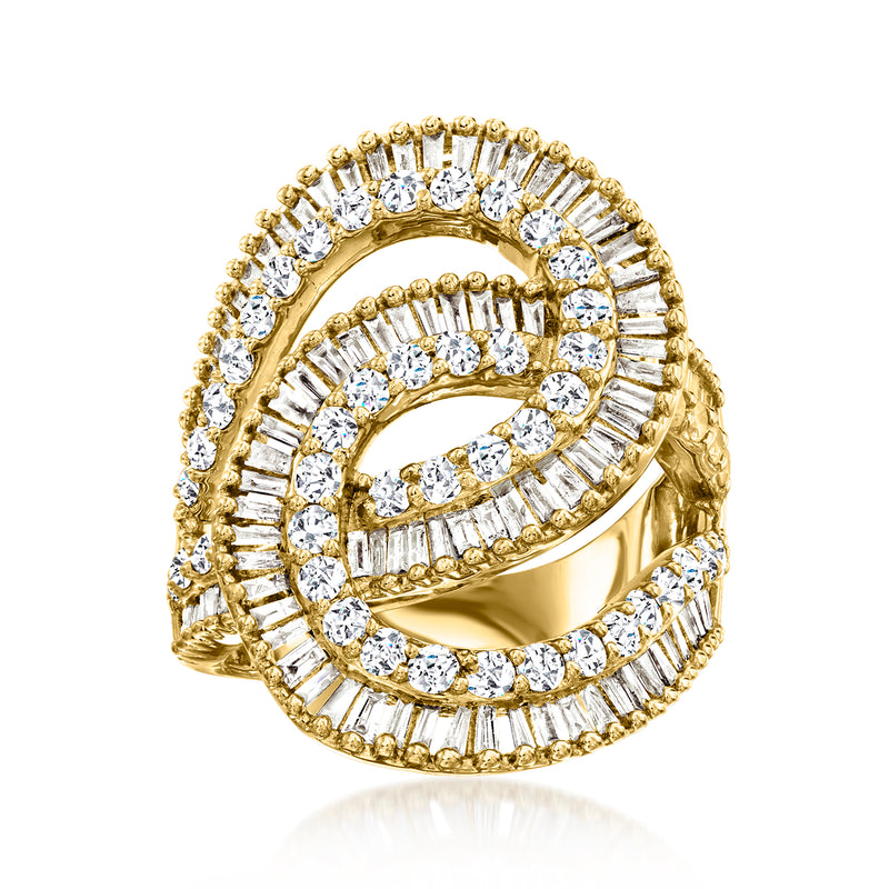 Gold interlocking-loop diamond ring with round and baguette stones, halo-style design