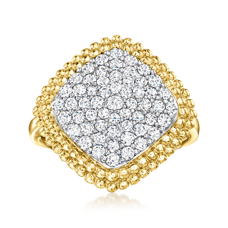18kt gold over sterling ring with pavé diamond beaded-edge square face