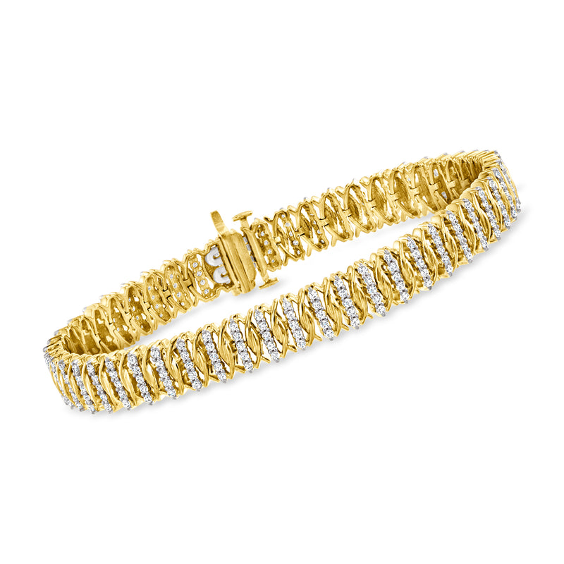 Gold over sterling fancy-link tennis bracelet with diamond-like white stones, hinged row links
