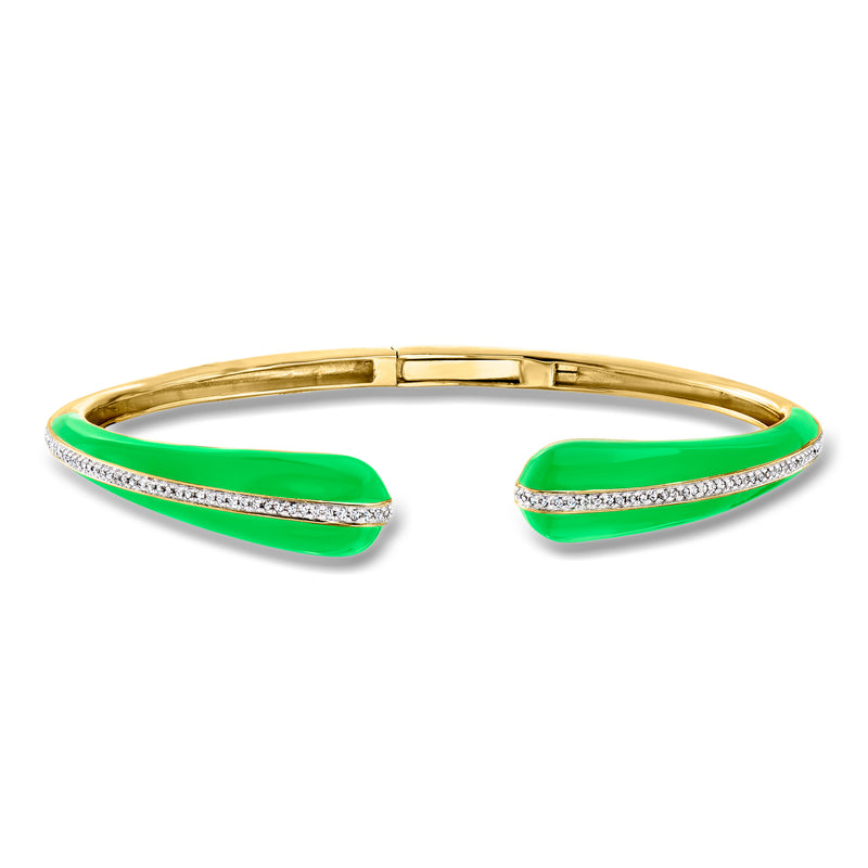 Green enamel gold-tone cuff bracelet with white diamond-accented curved insets