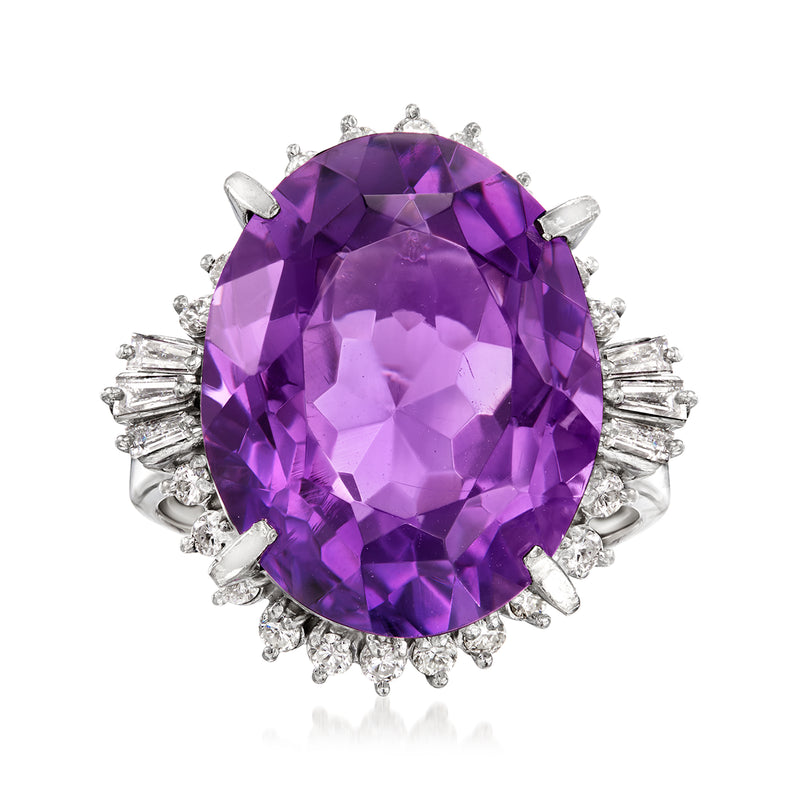 Vintage amethyst and diamond halo ring in platinum, large oval purple gemstone