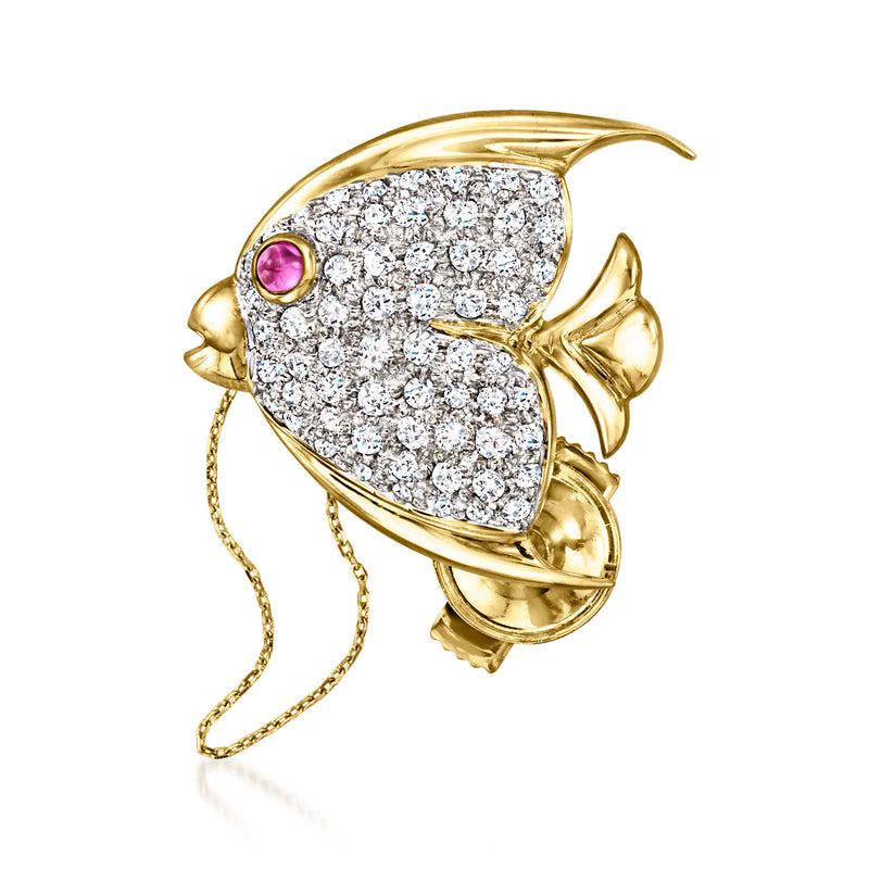 18kt yellow gold fish pin with round diamonds and a ruby eye