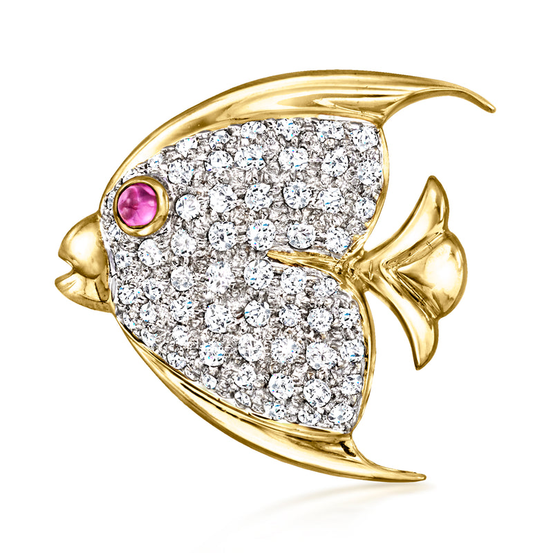 Angelfish pin in 18kt yellow gold with diamond body and ruby eye