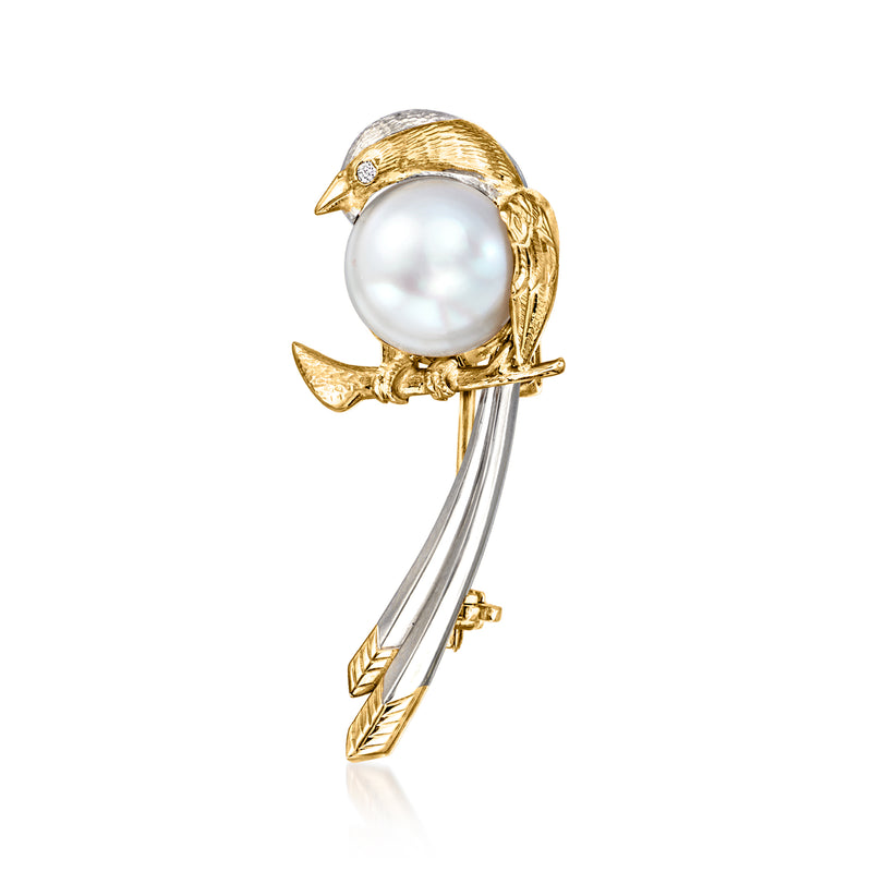 Vintage pearl bird pin with round cultured pearl and diamond accents in gold