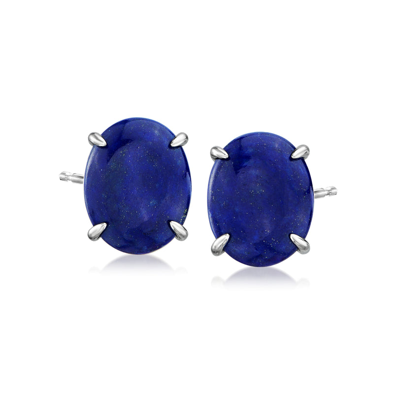Lapis stud earrings in sterling silver, blue oval stones with four-prong settings