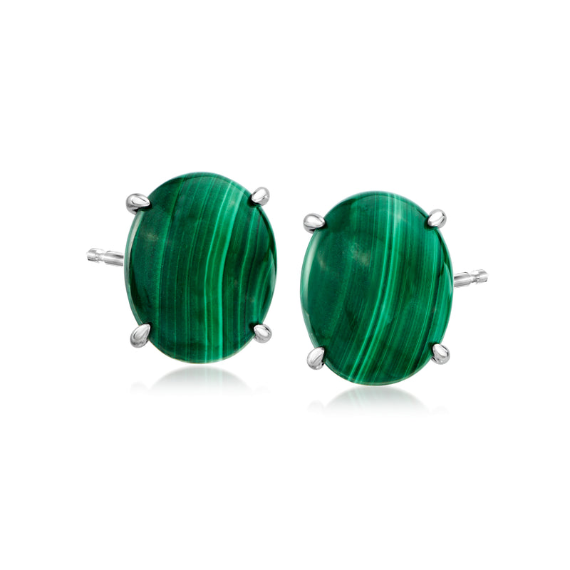 Oval malachite stud earrings in sterling silver with four-prong green stone