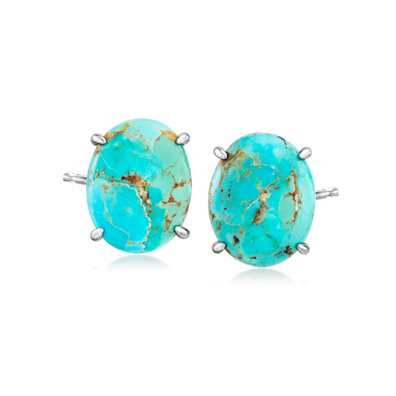 Turquoise oval stud earrings with sterling silver bezel and four-prong setting