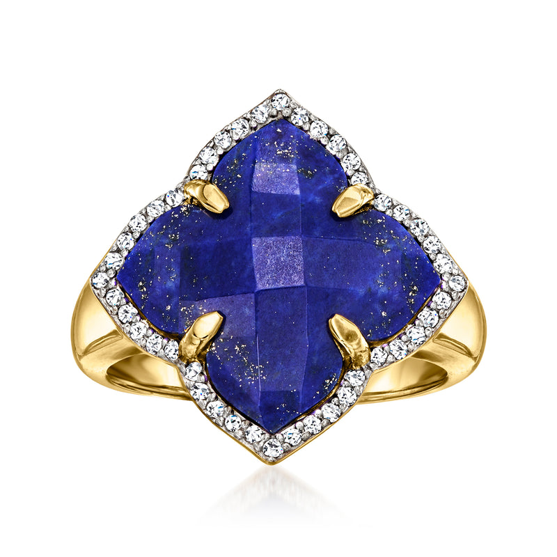 Gold over sterling ring with oval blue lapis center, diamond-look halo and four gold accents