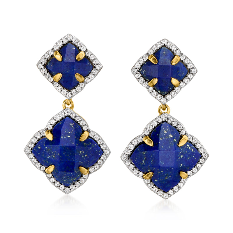 Gold-tone drop earrings with blue lapis-style stones and white crystal halo details