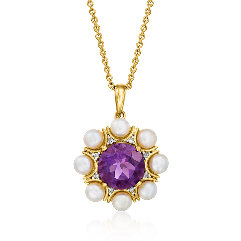 Gold-tone pendant necklace with amethyst center, diamond accents, and pearl halo