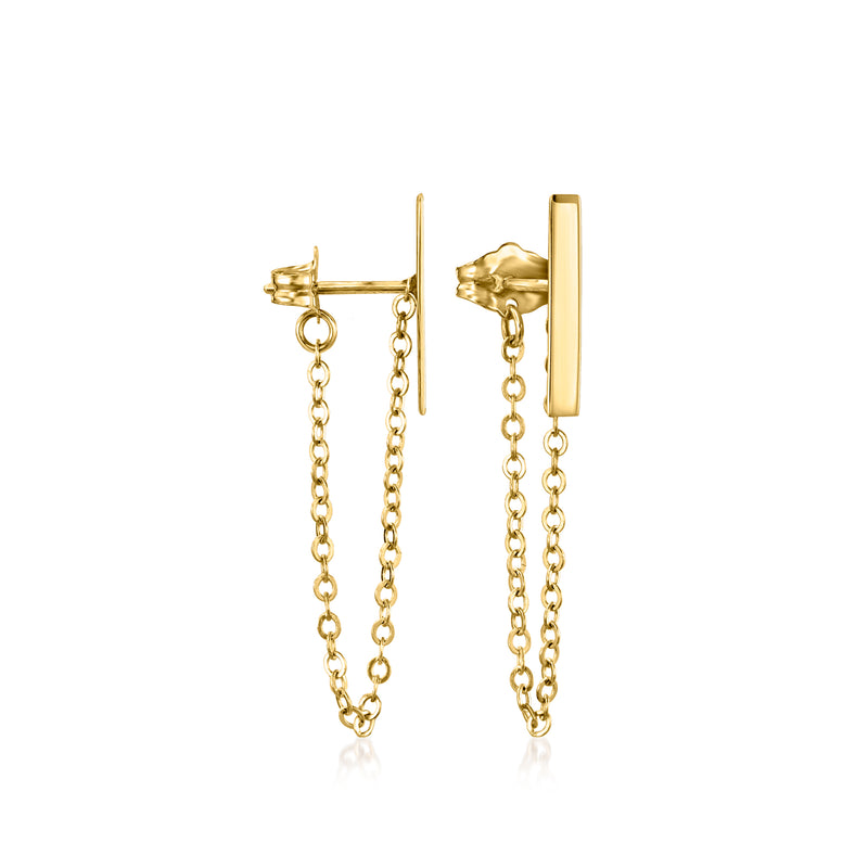 14kt yellow gold bar drop earrings with linked chain tassels