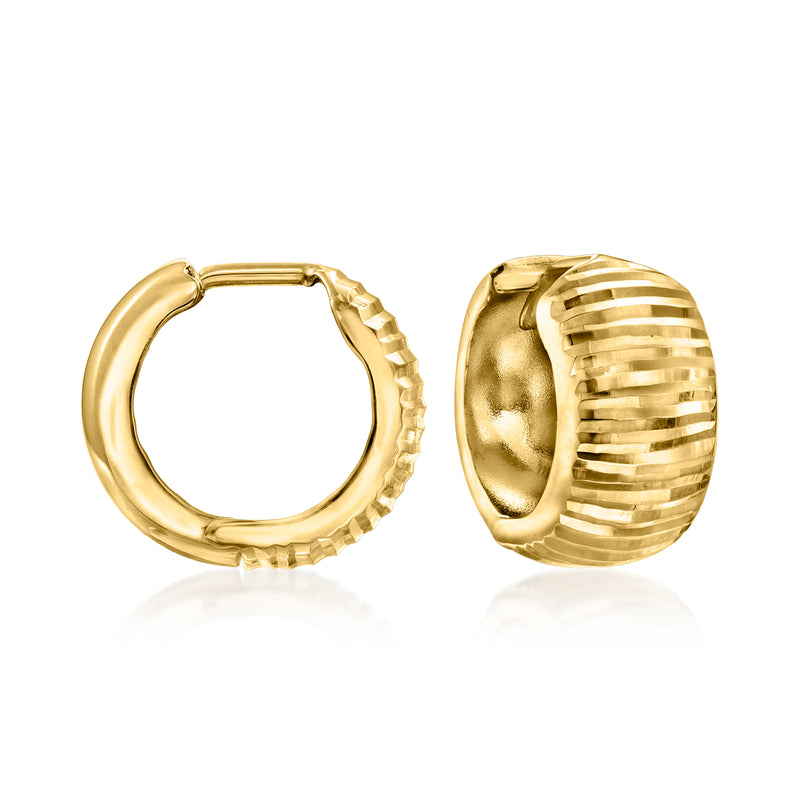 10kt yellow gold textured huggie hoop earrings, ridged back clasp, pair