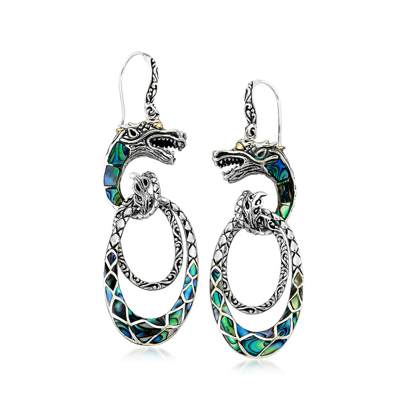 Sterling silver dragon drop earrings with abalone inlay and yellow gold accents, hoop earwire