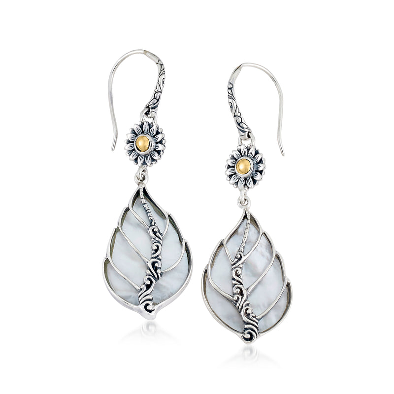 Floral drop earrings with mother-of-pearl teardrop, sterling silver earwires
