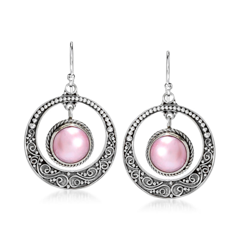 Sterling silver drop earrings with pink cultured mabe pearl and ornate circular halos