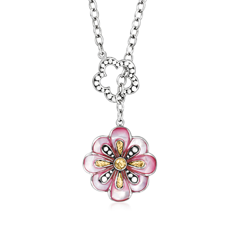 Pink enamel and mother-of-pearl flower lariat necklace, sterling silver chain