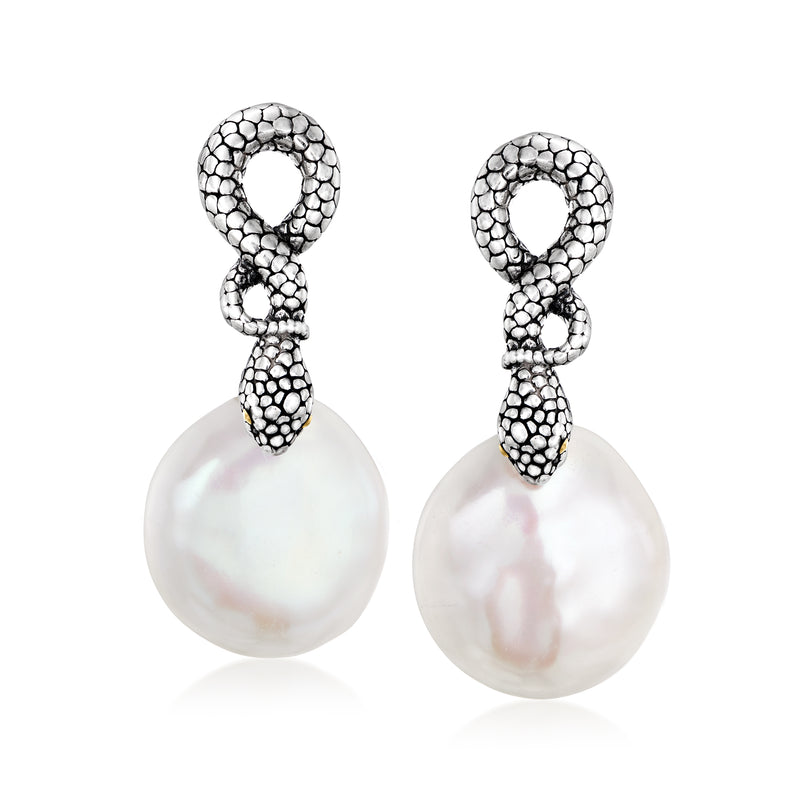 Sterling silver snake drop earrings with textured coils and lustrous coin pearl drops