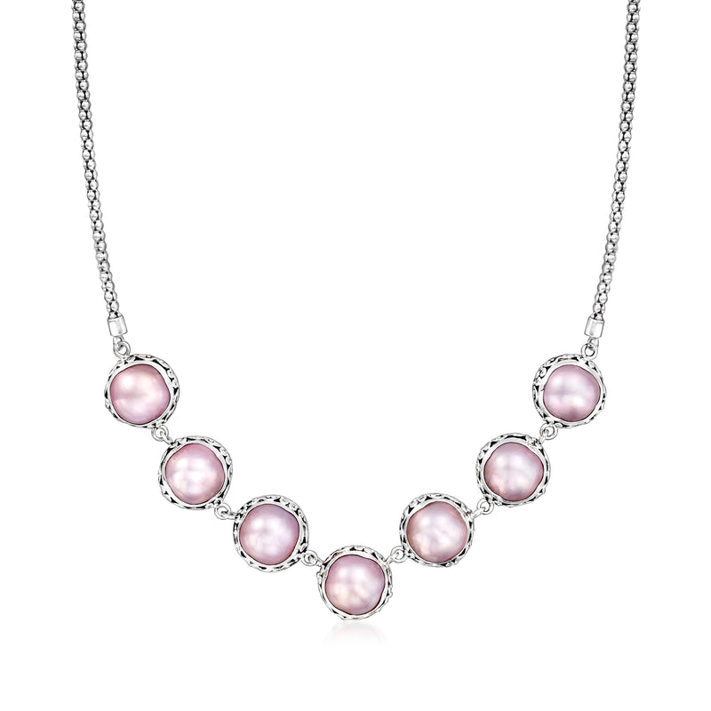 Sterling silver Bali-style necklace with pink cultured mabe pearl stations