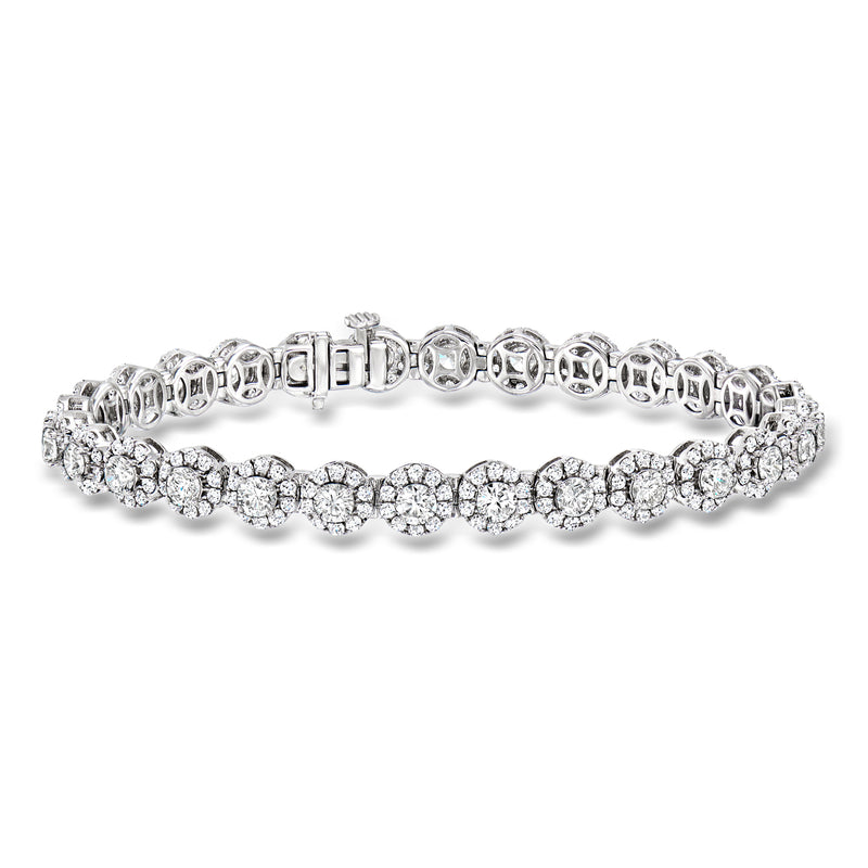 14kt white gold diamond halo tennis bracelet with round prong-set stones