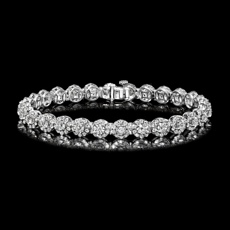 Round halo diamond tennis bracelet in white gold, arched row with clasp