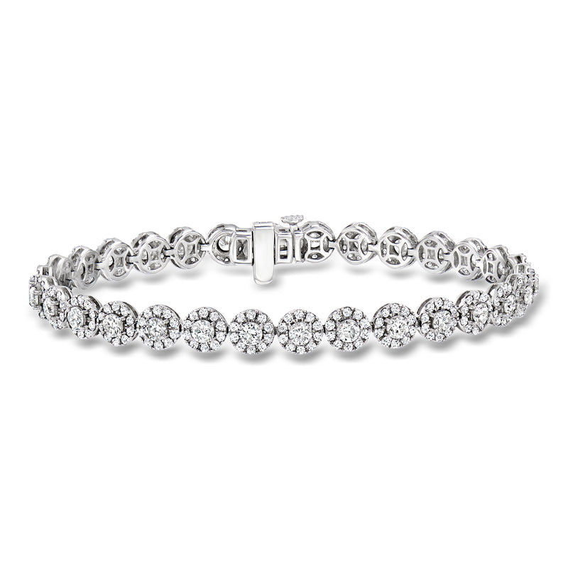 14kt white gold diamond halo tennis bracelet, round stones, hinged box clasp