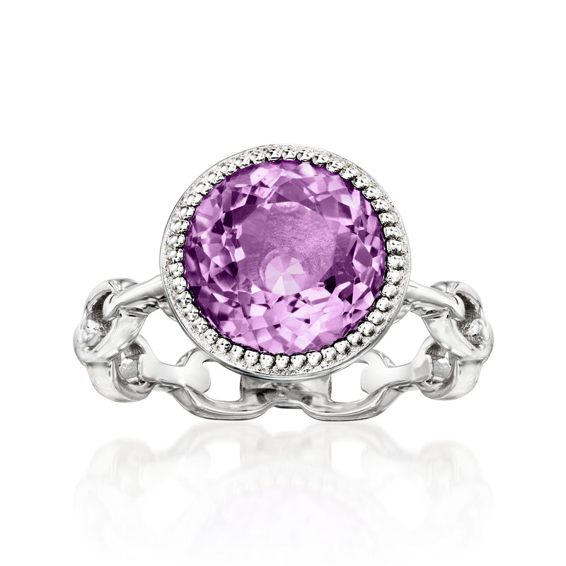 Sterling silver amethyst link ring with round faceted center stone