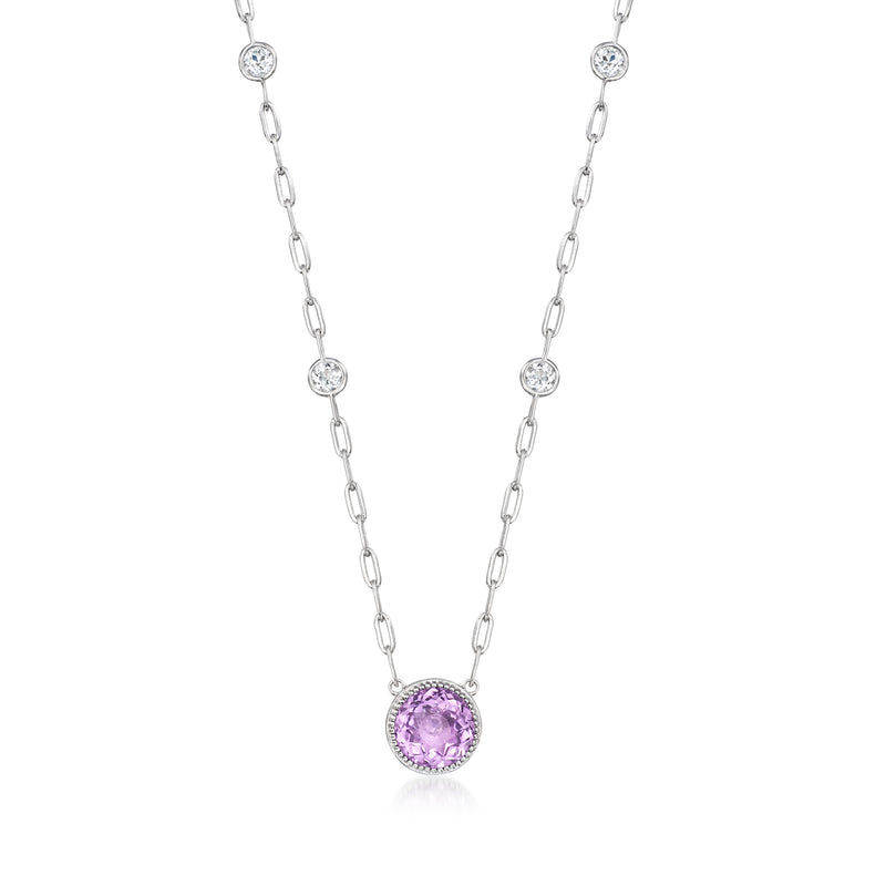 Sterling silver paperclip link necklace with round purple amethyst pendant and topaz accents