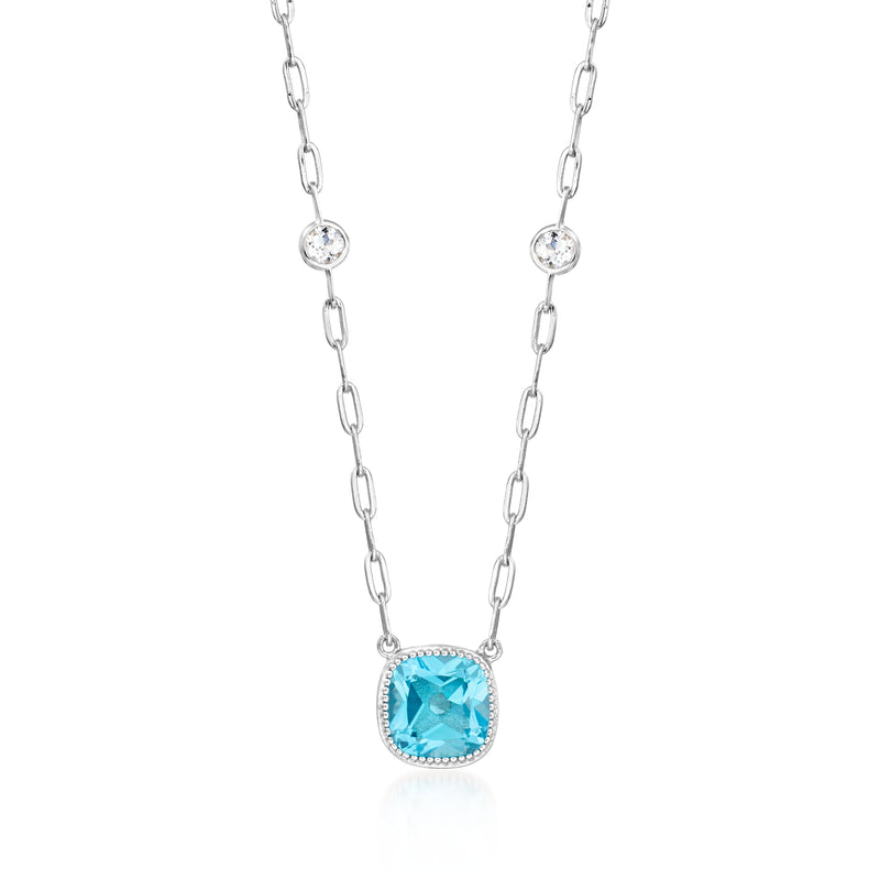 Sterling silver paper-clip link necklace with sky blue topaz cushion pendant