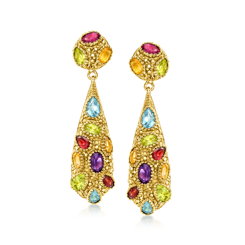 Gold-tone drop earrings with multicolored gemstones in clustered teardrop shapes