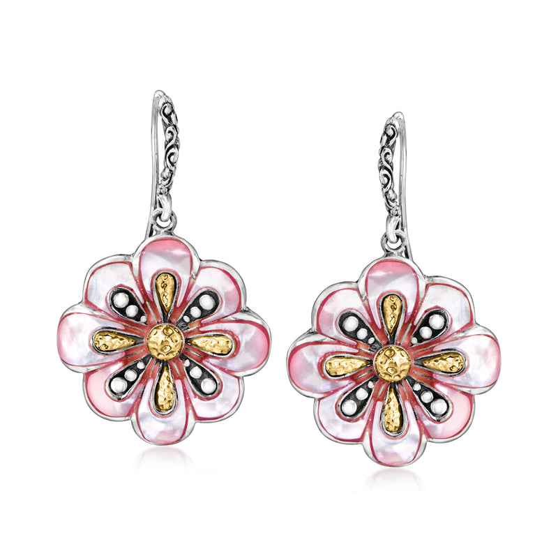 Pink flower drop earrings with enamel petals, gold center detail, sterling silver earwire
