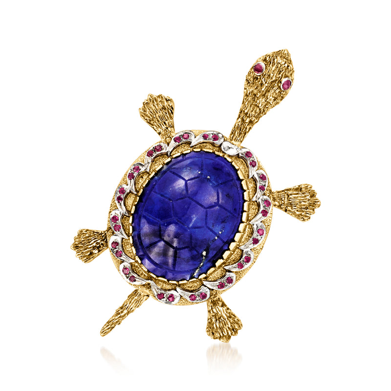 Vintage gold turtle pin with blue oval lapis center and pink ruby accents