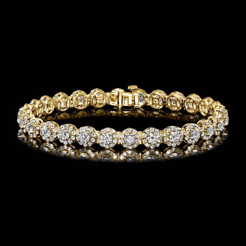 14kt yellow gold diamond halo bracelet with linked rows of round stones