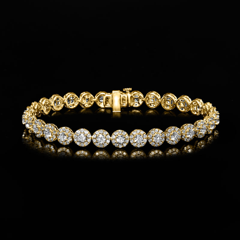 Yellow gold diamond halo tennis bracelet with round stones line and center box clasp