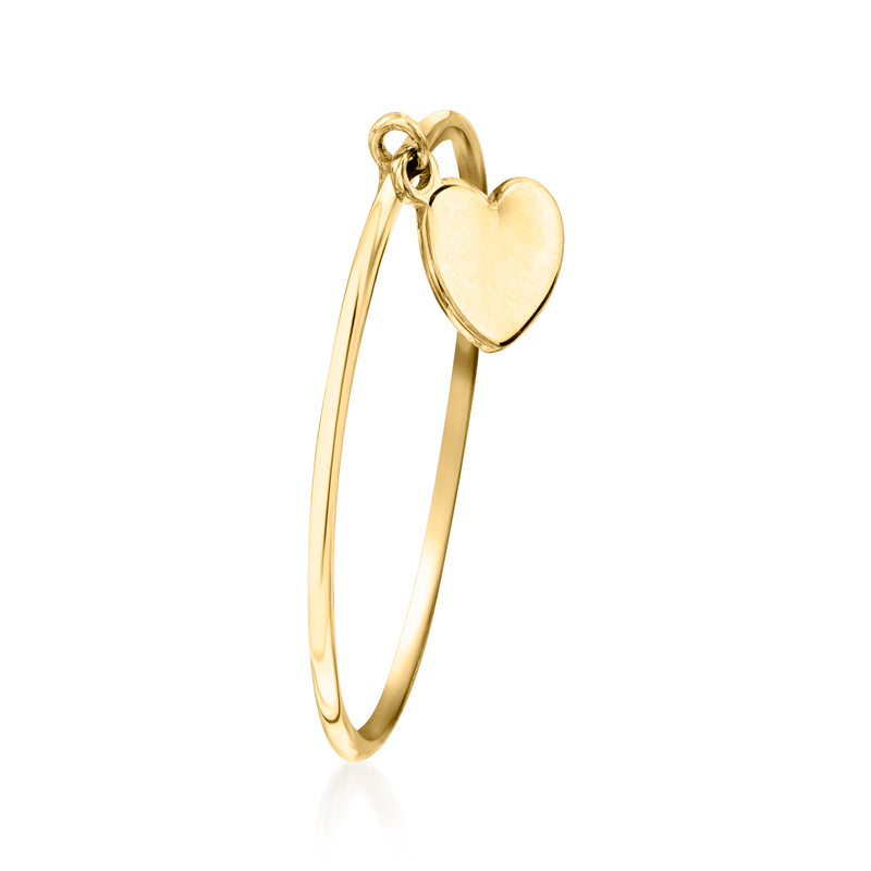 Yellow gold heart charm ring, angled view showing the dangling heart charm