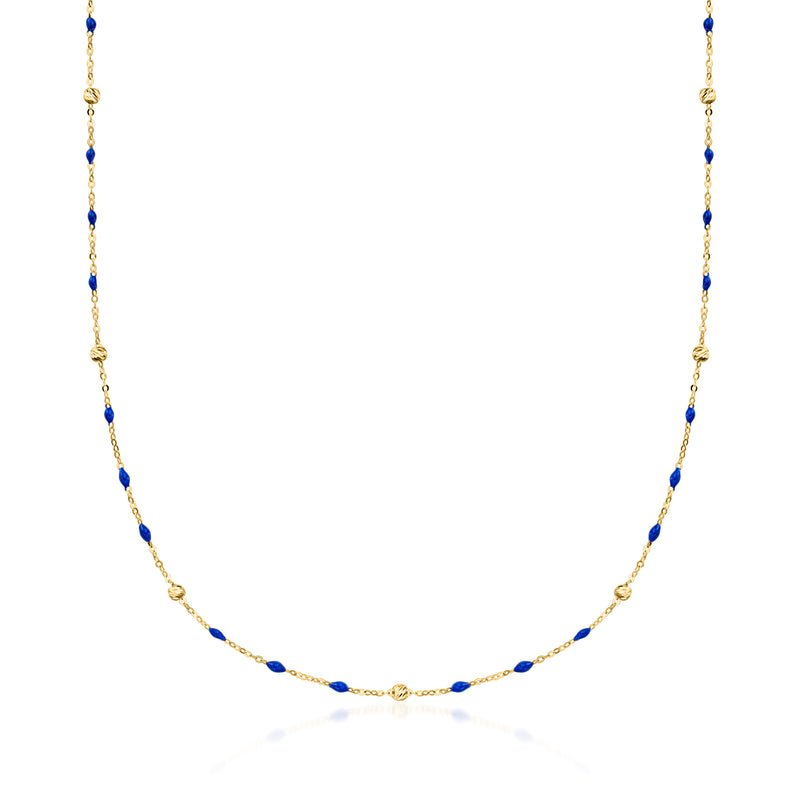 14kt yellow gold station necklace with navy blue enamel beads
