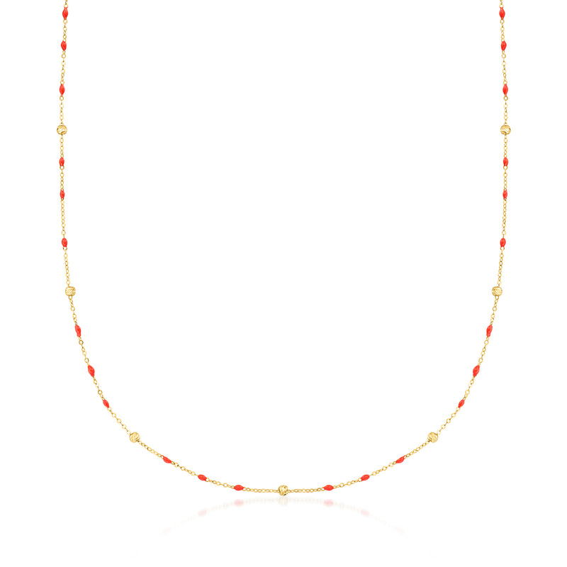 14kt yellow gold station necklace with coral enamel beads and small round links