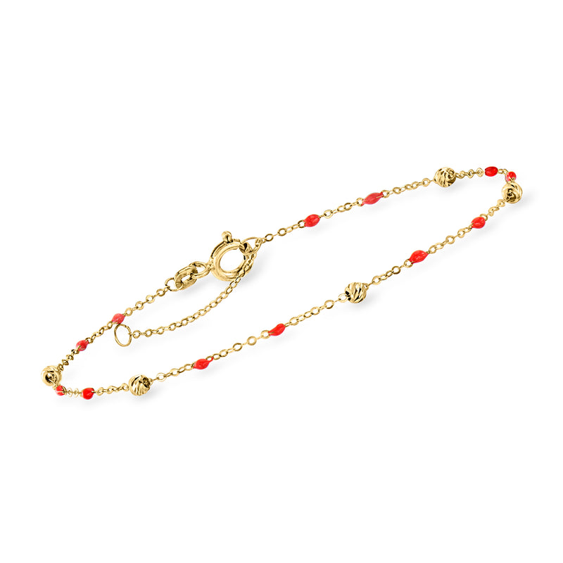 14kt yellow gold station bracelet with red coral enamel beads and double chain