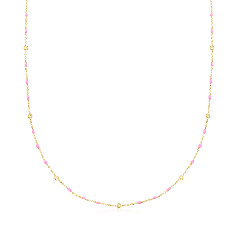 14kt yellow gold beaded station necklace with pink enamel stations