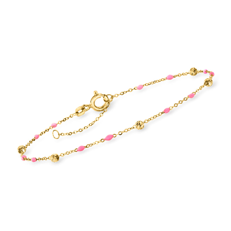 Yellow gold beaded station bracelet with pink enamel beads