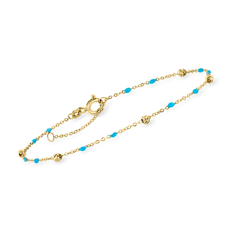 14kt yellow gold bracelet with blue enamel bead stations and chain links