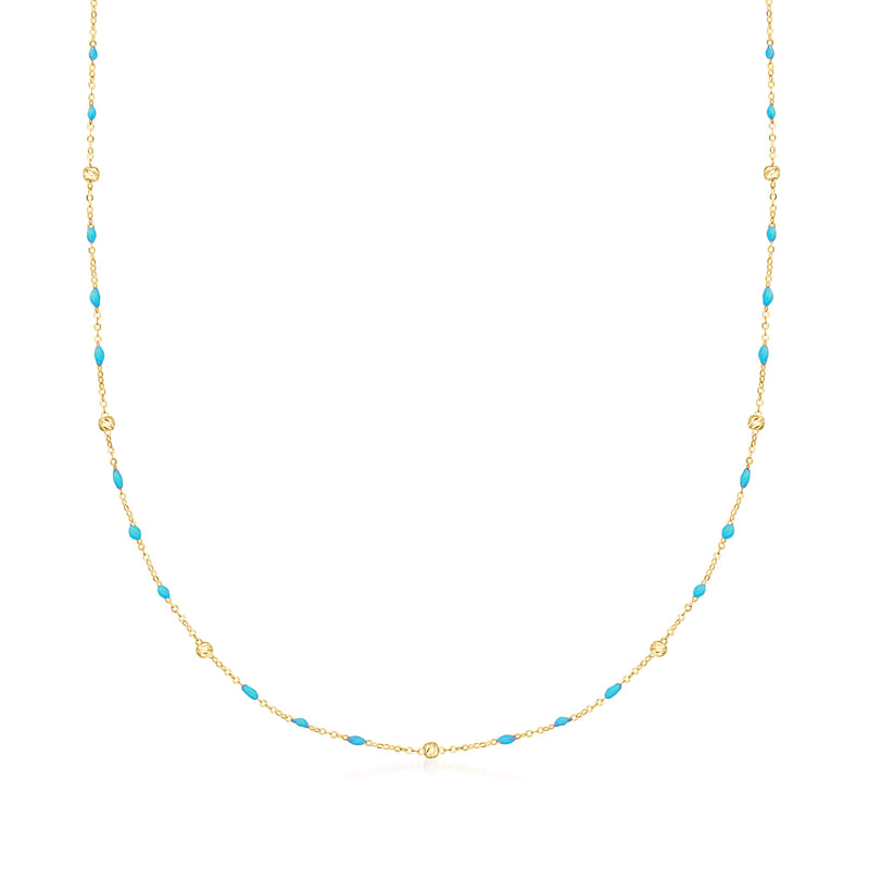 Yellow gold chain necklace with blue enamel beaded station segments